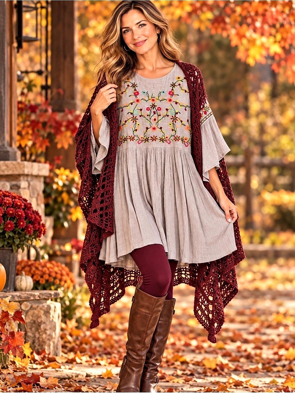 Umgee Floral Embroidered Keyhole Bell Sleeve Mini Dress Gray Medium
